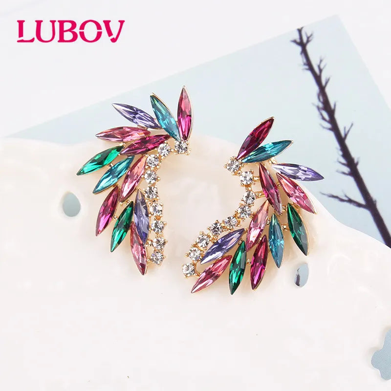 LUBOV Shining Rhinestone Wings Stud Earrings Acrylic Crystal Stone Women Piercing Earrings Trendy Wedding Jewelry Christmas