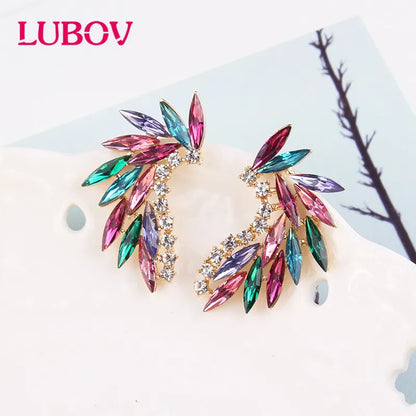 LUBOV Shining Rhinestone Wings Stud Earrings Acrylic Crystal Stone Women Piercing Earrings Trendy Wedding Jewelry Christmas