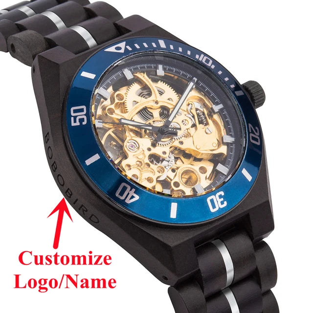 Wooden Automatic Mechanical Watch Men Wristwatch BOBO BIRD Top Luminous Hands Clock Custom Relogio Masculino