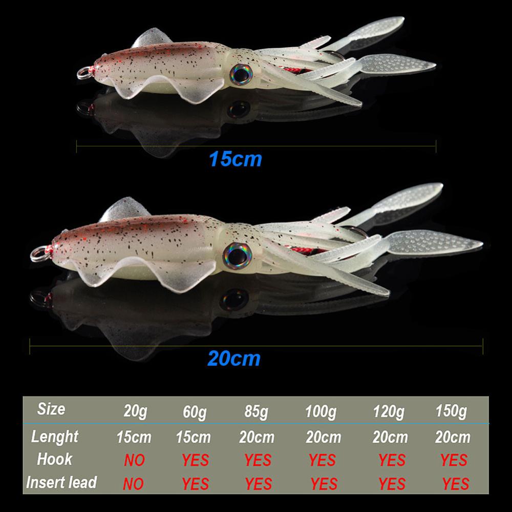 SUNMILE Fishing Soft Squid Lure 20g/60g/80g/100g/120g/150g Luminous/Uv Squid Jig Fishing Lures for Sea Fishing Wobbler Bait