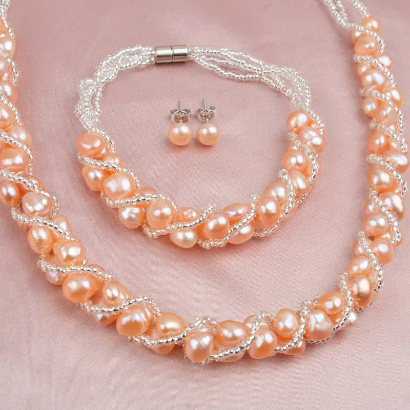 ASHIQI Real Natural Freshwater Pearl Handmade Jewelry Sets & More Necklace Bracelet 925 Silver Earrings for Women Wedding