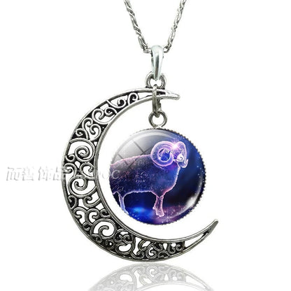 12 Constellation Crescent Moon Necklace Zodiac Sign Glass Jewelry Pendant Aries Gemini Cancer Leo Women Birthday