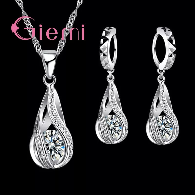 100% 925 Sterling Silver New Water Drop Cubic Zircon Pendant Necklace&Earrings for Women Ladies Jewelry Sets Wedding