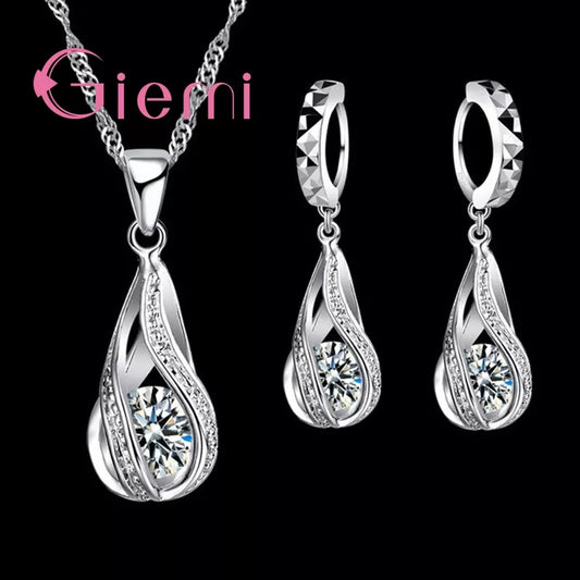 100% 925 Sterling Silver New Water Drop Cubic Zircon Pendant Necklace&Earrings for Women Ladies Jewelry Sets Wedding