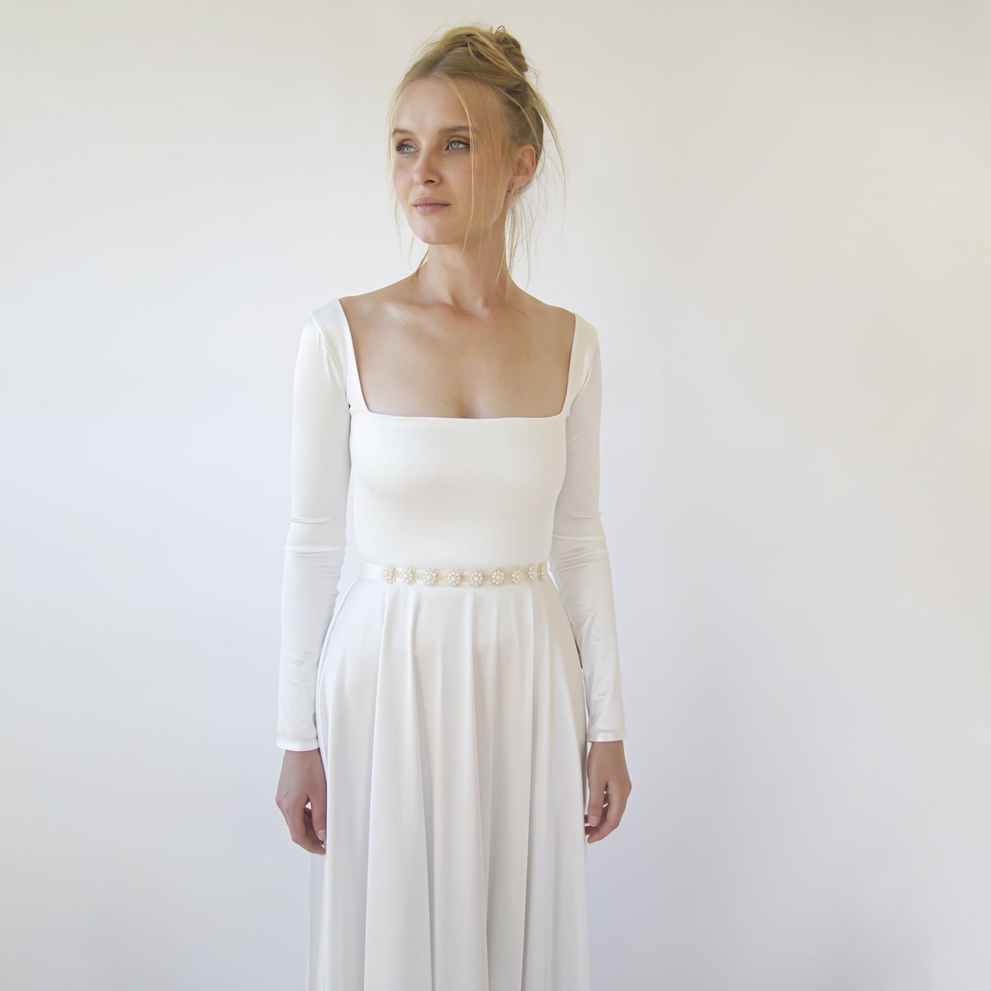 Bestseller Ivory Square Neckline Minimalist Satin Wedding Dress #1351