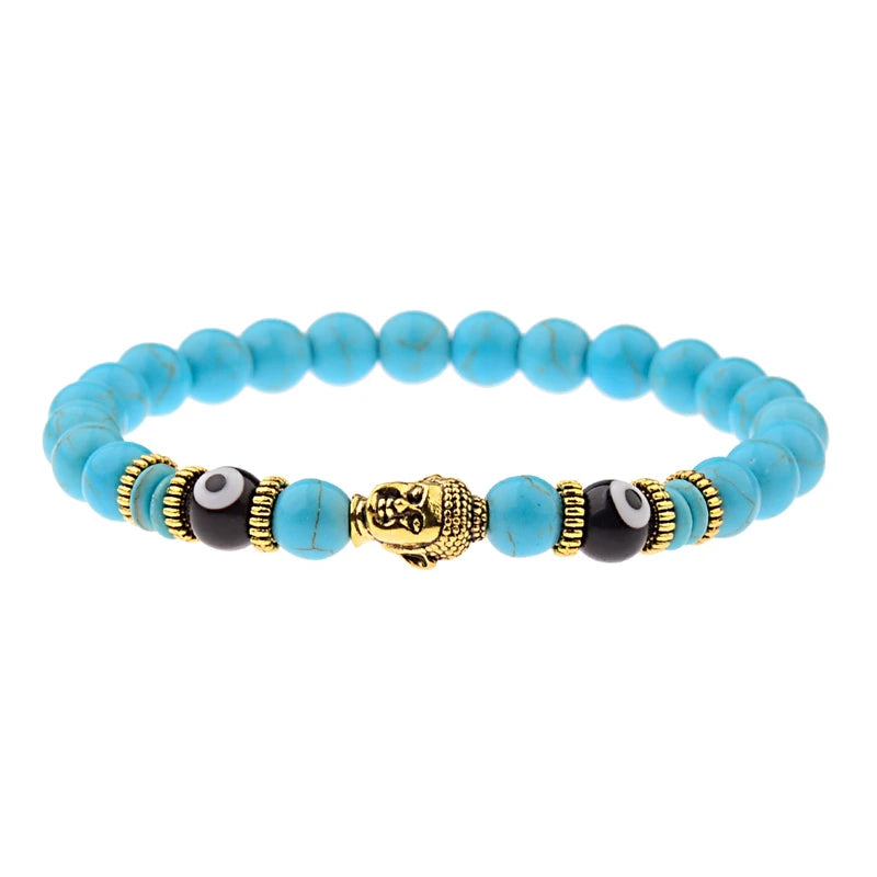 Charm Buddha&Evil Eye Bracelet Women 8mm Elastic Round Bright Black Stone Chakra Bracelets Men Erkek Bileklik Homme