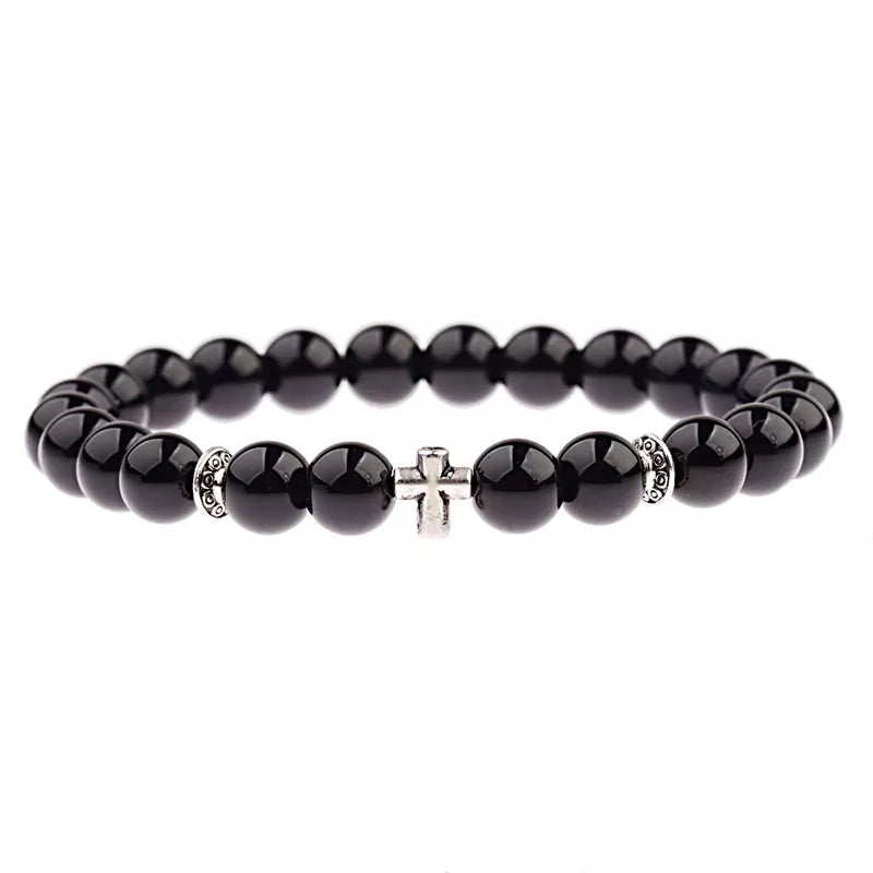Hot Men Natural Wood Beads Cross Bracelets Onyx Meditation Prayer Bead Bracelet Women Wooden Yoga Jewelry Homme