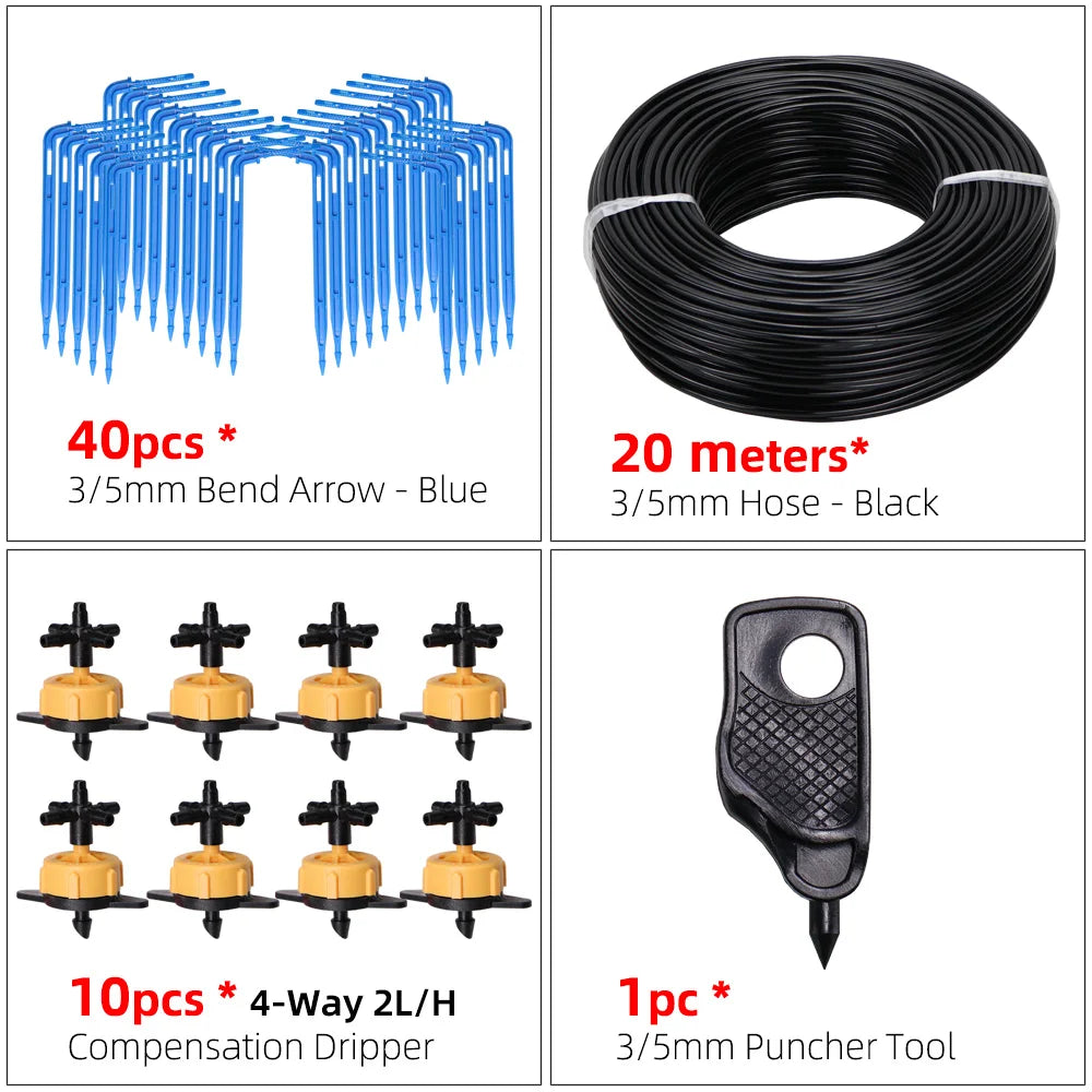 MUCIAKIE Garden Drip Irrigation Kit Micro Watering Elbow Drippers System for Greenhouse Pot Plants 1/8'' 3/5mm Hose Set 2/4 Ways