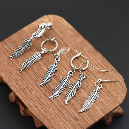 Men Punk Earrings Feather Tassel Long Chain Pendant Stainless Steel Stud Earring Trend Rock Hipster Ear Clip