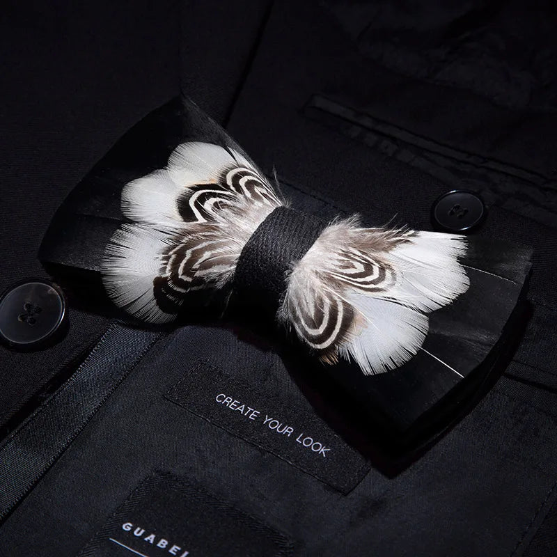KAMBERFT Designer Brand Handmade Feather and Leather Pre-Tied Bow Tie and Brooch Sets for Men Wedding Party Best Cravate