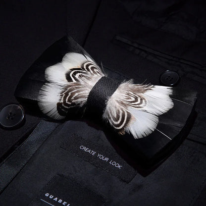 KAMBERFT Designer Brand Handmade Feather and Leather Pre-Tied Bow Tie and Brooch Sets for Men Wedding Party Best Cravate