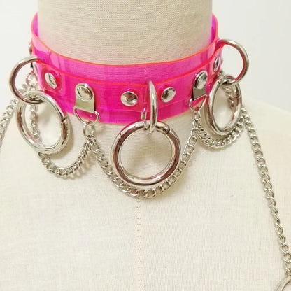 Women Fashion Punk Choker Necklace Handmade Neon Green Neon Pink Three O Chain Necklace Harajuku Collar Belt