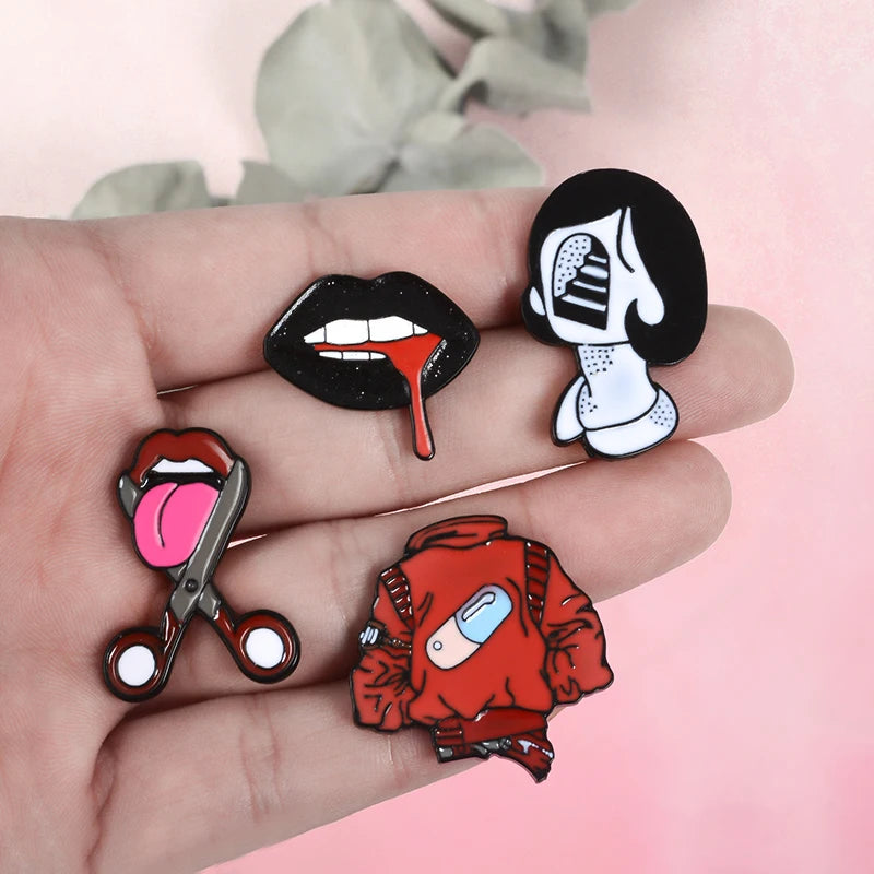 Pill Eyeliner Tongue Lips Enamel Pins Twisted Clock Girl Brooches Denim Shirt Lapel Pin Bag Punk Cool Jewelry for Friends
