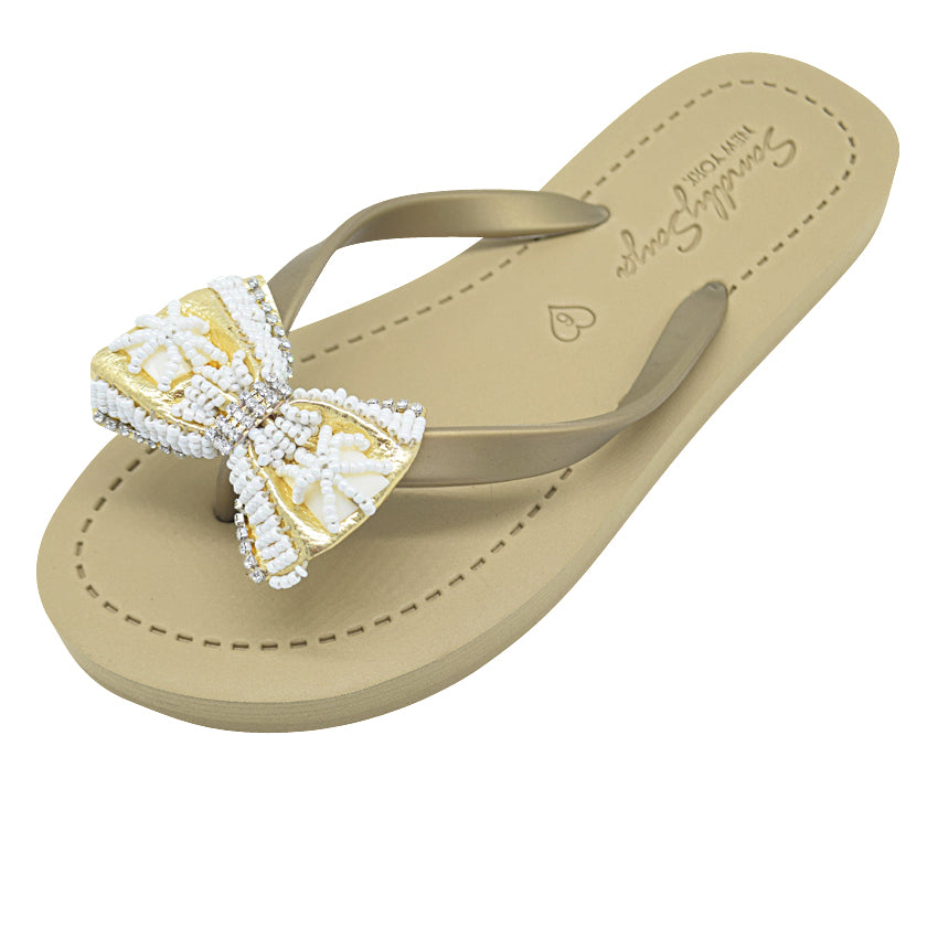 Gold and Pearl Bow-Rhine Stone Embellished Women's Flat Flip Flops