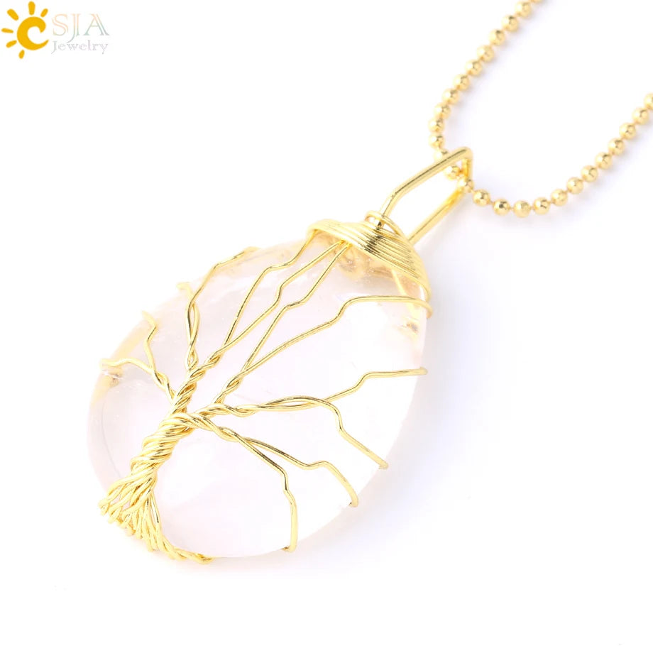 Tiger Eye Tree of Life Crystal Necklace Natural Stone Pendant Wire Wrap Rose Crystals Pink Quartz Amethyst Green Aventurine E585