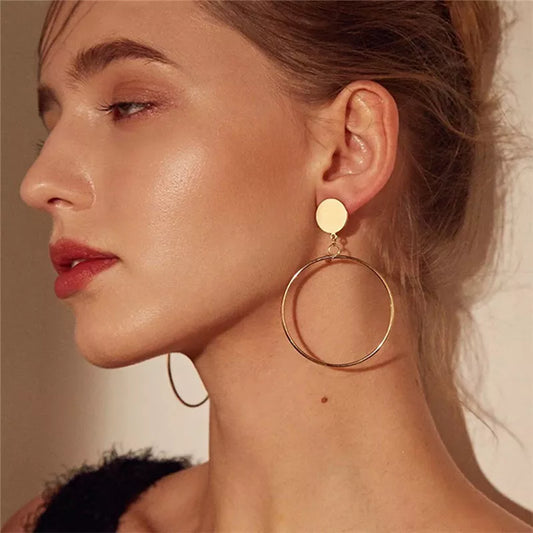 Simple Fashion Gold Color Silver Plated Geometric Big Round Clip Earrings for Women Fashion Big Hollow Ear Clip Jewelry