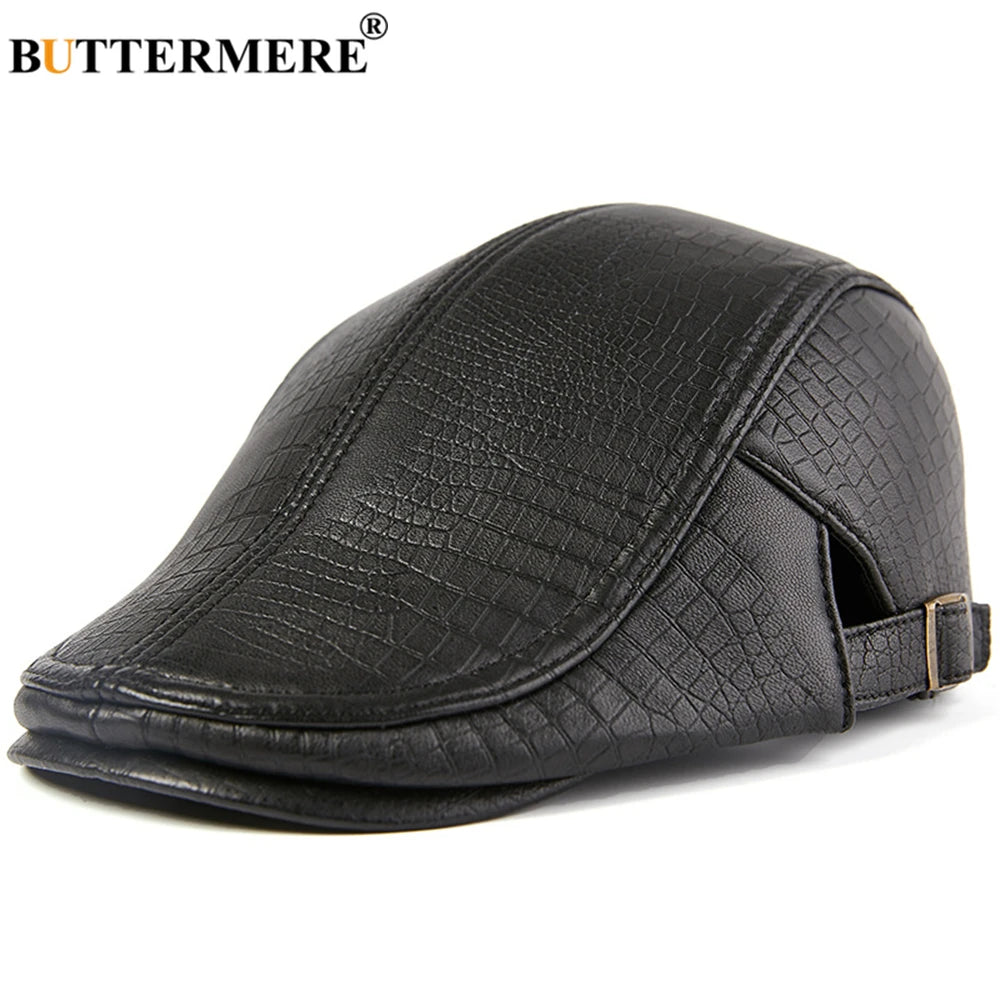 BUTTERMERE Men Beret Hat Real Leather Flat Cap Sheepskin Autumn Winter Male Brown Adjustable High Quality Gatsby Mens Beret Caps