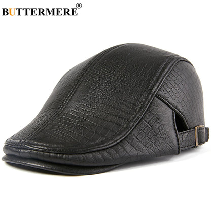 BUTTERMERE Men Beret Hat Real Leather Flat Cap Sheepskin Autumn Winter Male Brown Adjustable High Quality Gatsby Mens Beret Caps