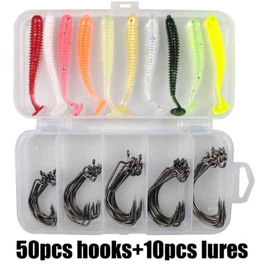 60pcs/Lot Sea Fishing Hook With Soft Lures 2#1#1/0#2/0#3/0# Carp Snap Fishing Big Hooks Tackles Accessories Fish Hook With Box