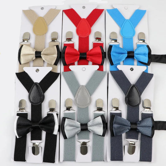Solid Color Children Belt Bowtie Set Baby Boys Suspenders Polyester Y-Back Braces Two Colors Bow Tie Adjustable Elastic Kids