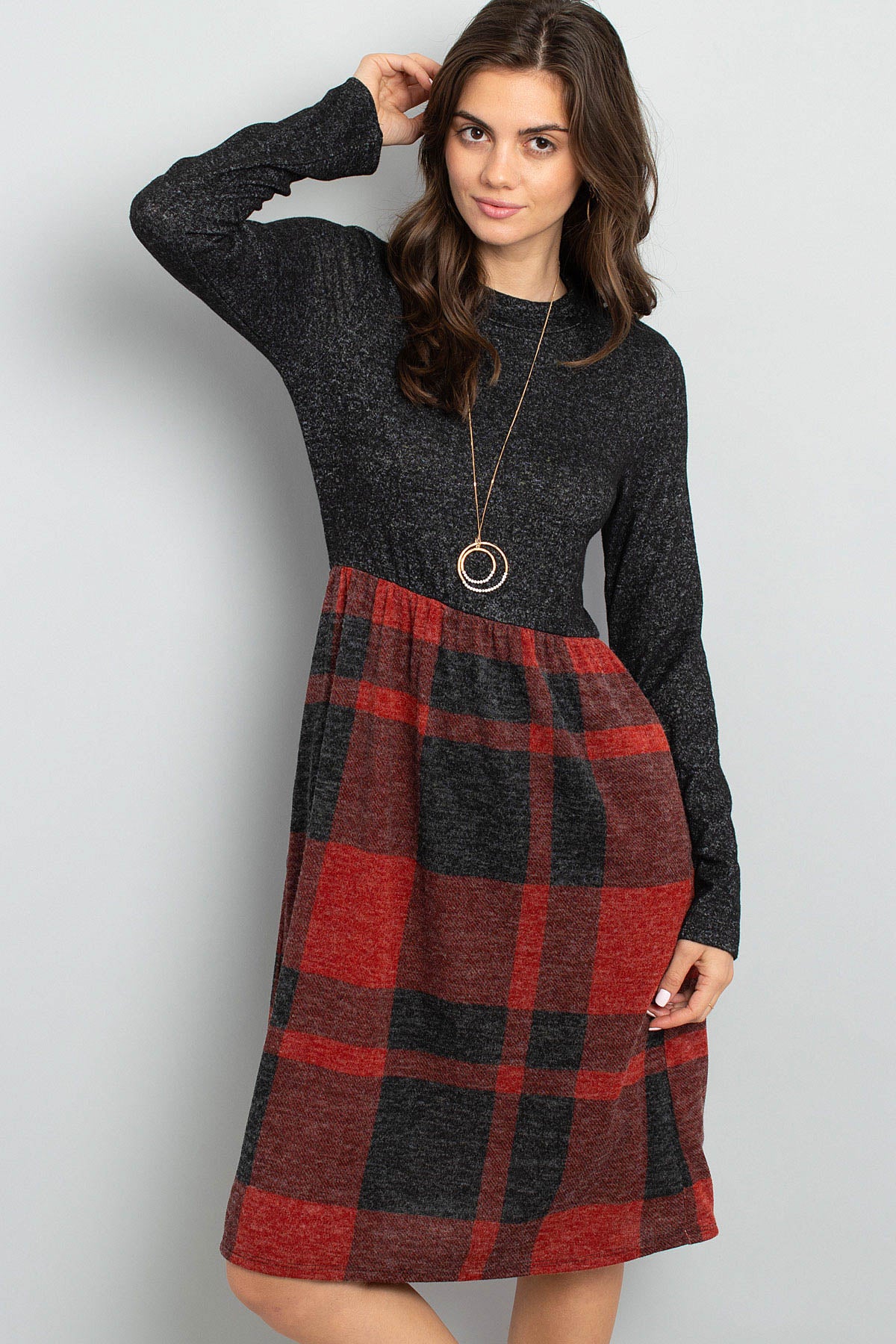 Two Toned High Neck Long Sleeves Plaid Contrast Dress