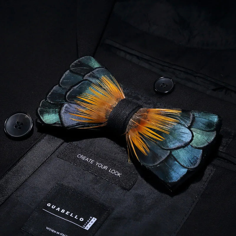 KAMBERFT Designer Brand Handmade Feather and Leather Pre-Tied Bow Tie and Brooch Sets for Men Wedding Party Best Cravate