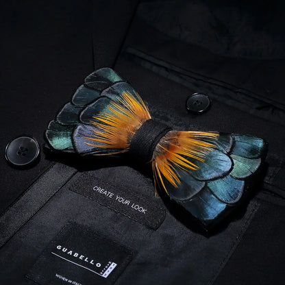 KAMBERFT Designer Brand Handmade Feather and Leather Pre-Tied Bow Tie and Brooch Sets for Men Wedding Party Best Cravate