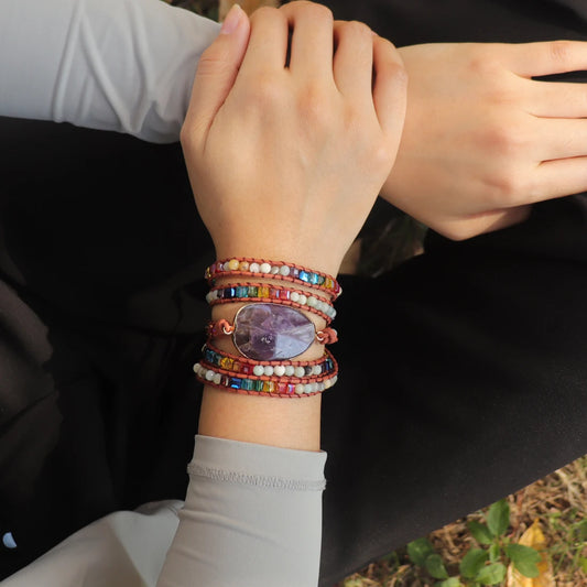 Newest Unique Chakra Natural Stones Charm 5 Strands Wrap Bracelets Handmade Boho Bracelet Women Leather Bracelet