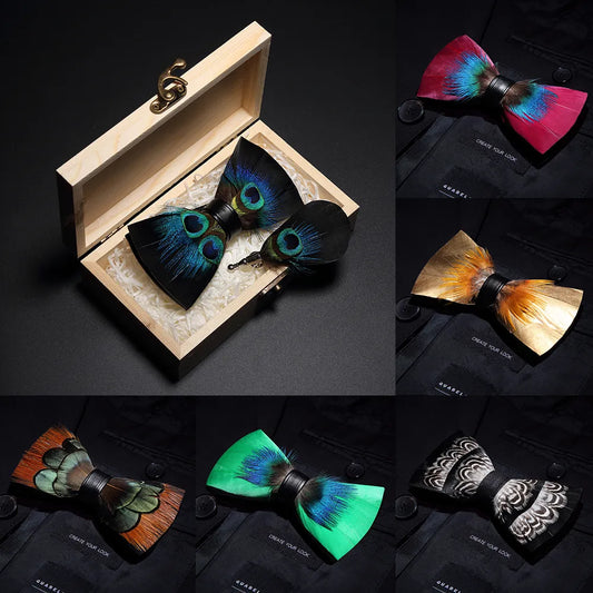 JEMYGINS Bowtie Natural Brid Feather Exquisite Hand Made Men Bow Tie Brooch Pin