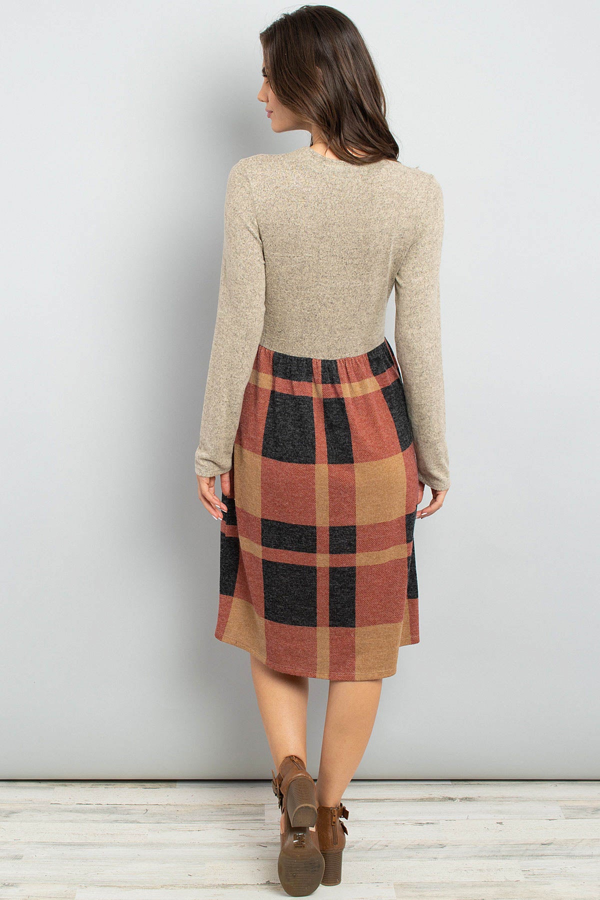 Two Toned High Neck Long Sleeves Plaid Contrast Dress