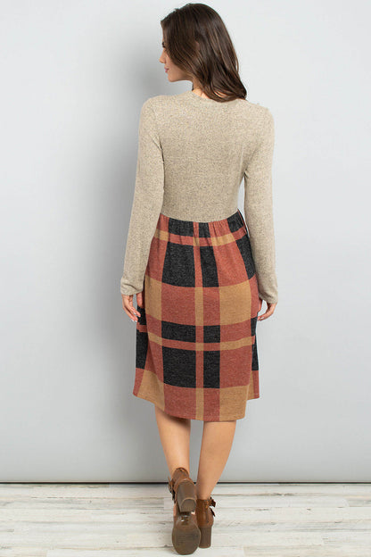 Two Toned High Neck Long Sleeves Plaid Contrast Dress