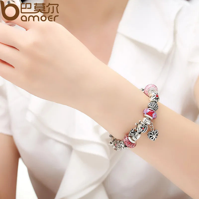 BAMOER Queen Jewelry Silver Plated Charms Bracelet & Bangles With Queen Crown Beads Bracelet for Women PA1823