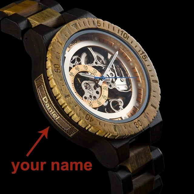 Wooden Automatic Mechanical Watch Men Wristwatch BOBO BIRD Top Luminous Hands Clock Custom Relogio Masculino