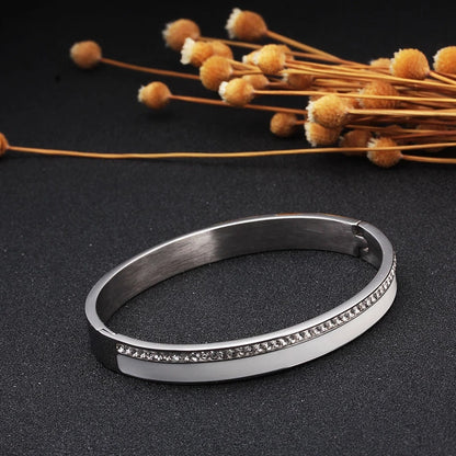 Beauty Stainless Steel Ceramic Resin Women Bracelets Luxury Ladies Crystal Charm Cuff Bangles Wedding Jewelry