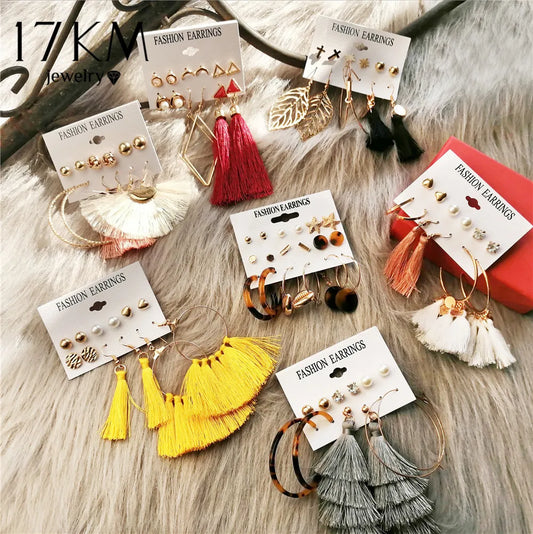 17KM 30 Boho Tassel Earrings Bohemian Long Earrings Set for Women Brincos Geometric Fabric Drop Earring Female Fashion Jewelry