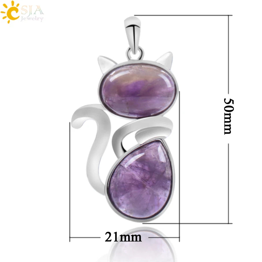 CSJA Chakra Natural Stone Pendant Cute Cat Pendants Suspension for Girl Green Aventurine Pink Crystal Cat Wisiorek Jewelry F072