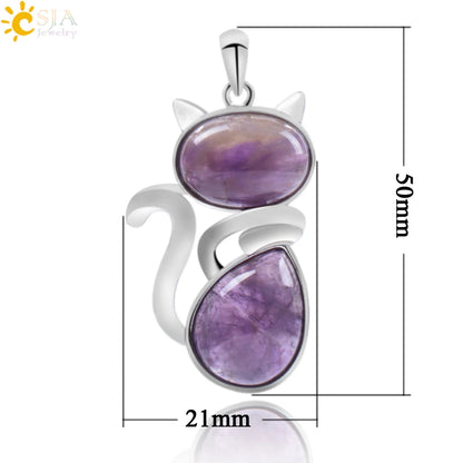 CSJA Chakra Natural Stone Pendant Cute Cat Pendants Suspension for Girl Green Aventurine Pink Crystal Cat Wisiorek Jewelry F072