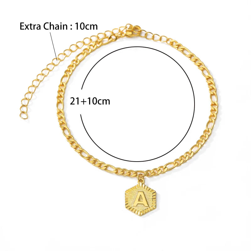 A-Z Initial Letter Anklets for Women Stainless Steel Anklet  21cm + 10cm Figaro Chain Summer Beach Accessories Jewelry