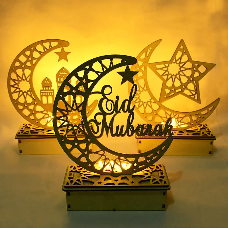 EID Mubarak Wooden Pendant With LED Candles Light Ramadan Decorations for Home Islamic Muslim Party Eid Decor Kareem Ramadan