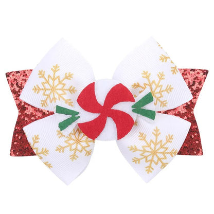 Christmas Hair Bows Clips Sparkly Santa Claus Xmas Socks Hairpins Headwear Christmas Tree Printing Ribbon Hair Clip for Girls