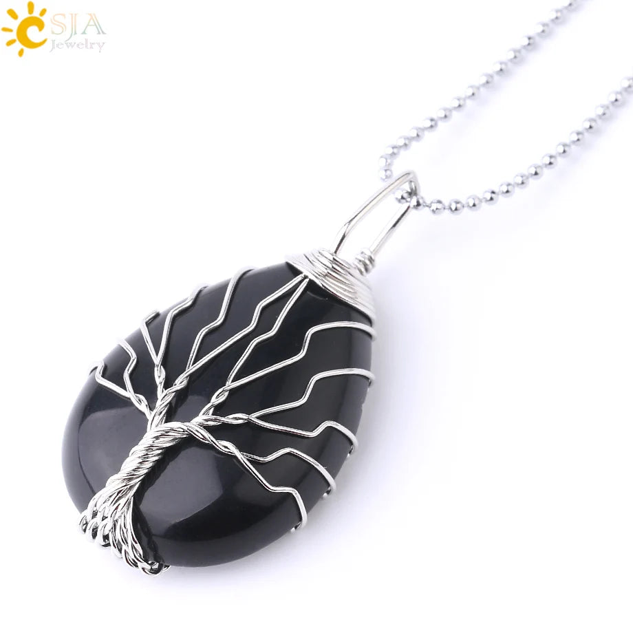 Tiger Eye Tree of Life Crystal Necklace Natural Stone Pendant Wire Wrap Rose Crystals Pink Quartz Amethyst Green Aventurine E585