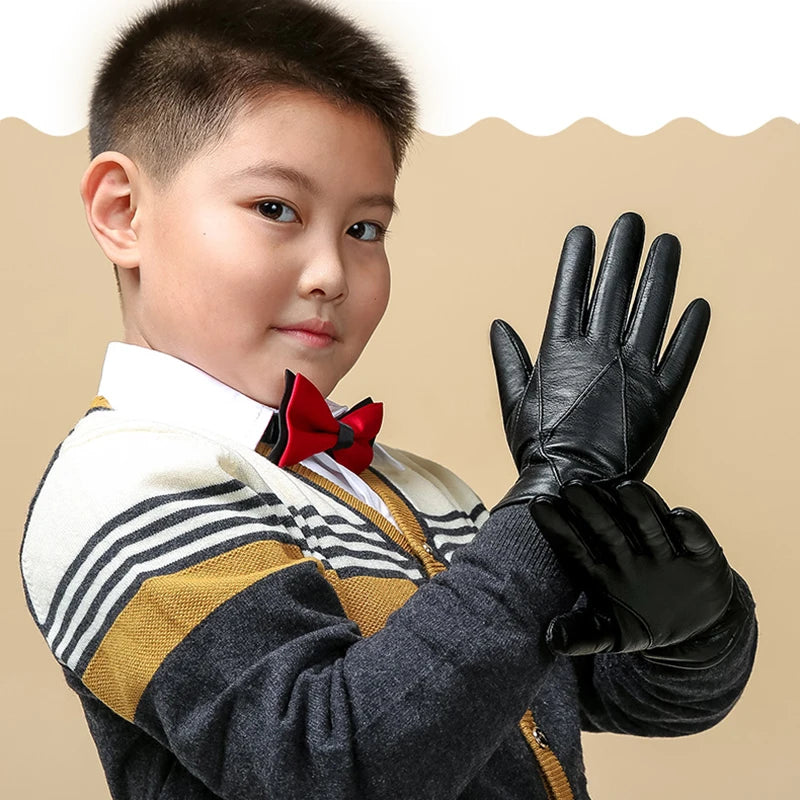 BOOUNI Leather Children Gloves Five Fingers Autumn Winter Warm Velvet Lined Kids Boys Sheepskin Gloves NM964