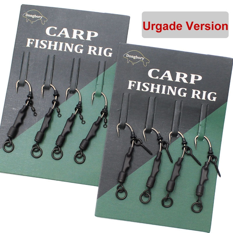 4PCS Carp Rig  Coated Barbed Carp Fishing Hook Ready Tied Ronnie Rig Hook Links Hair Combi Chod Rig 4 6 8