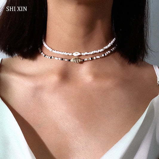 Separable 2 Layered White/Black Beads Necklaces Korean Small Beaded Conch Acrylic Shell Choker Necklace for Women Fashion Collar