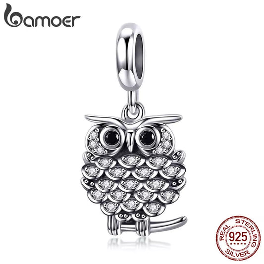 BAMOER Authentic 925 Sterling Silver Crystal Owl Lovely Animal Shape Beads Charm Fit Bracelet & Bangles Jewelry Making SCC949