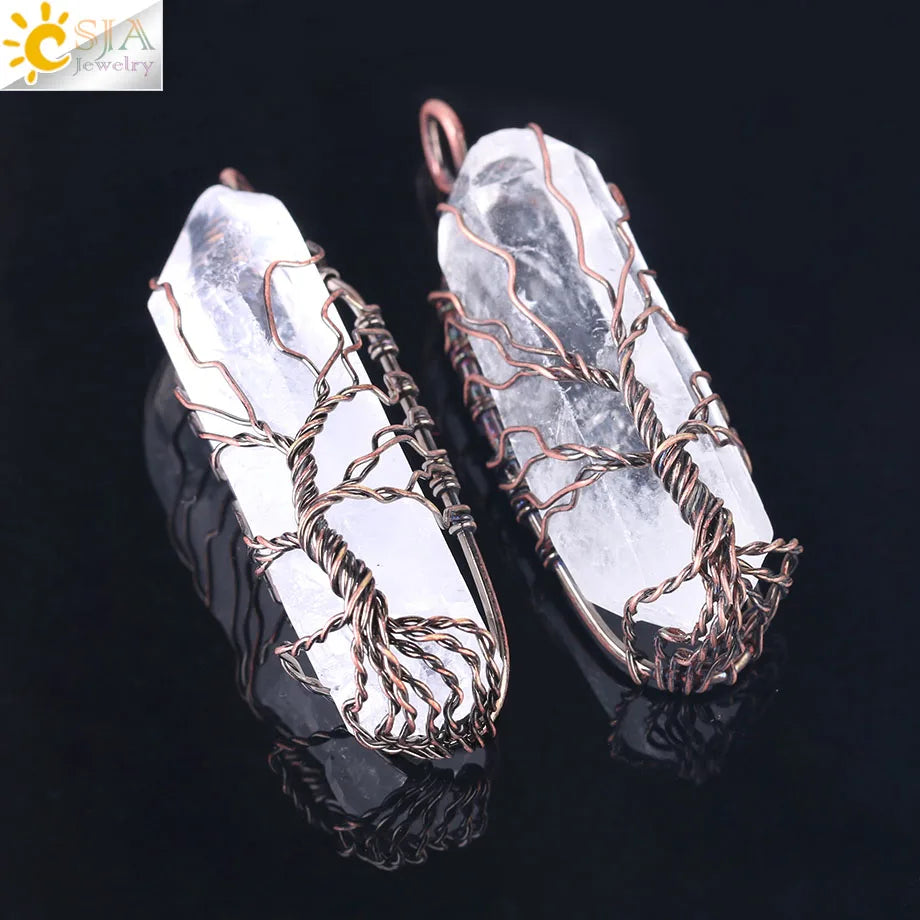 CSJA Natural Crystal Pillar Big Pendants Antique Copper Wire Wrapped Tree of Life Quartz Pendant for Necklace PPC Chain F554