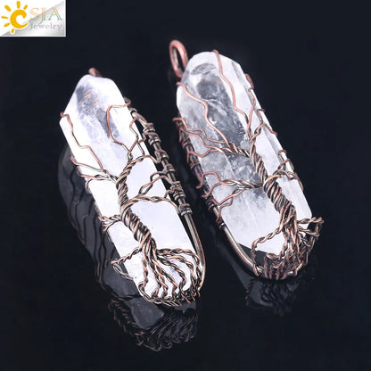 CSJA Natural Crystal Pillar Big Pendants Antique Copper Wire Wrapped Tree of Life Quartz Pendant for Necklace PPC Chain F554