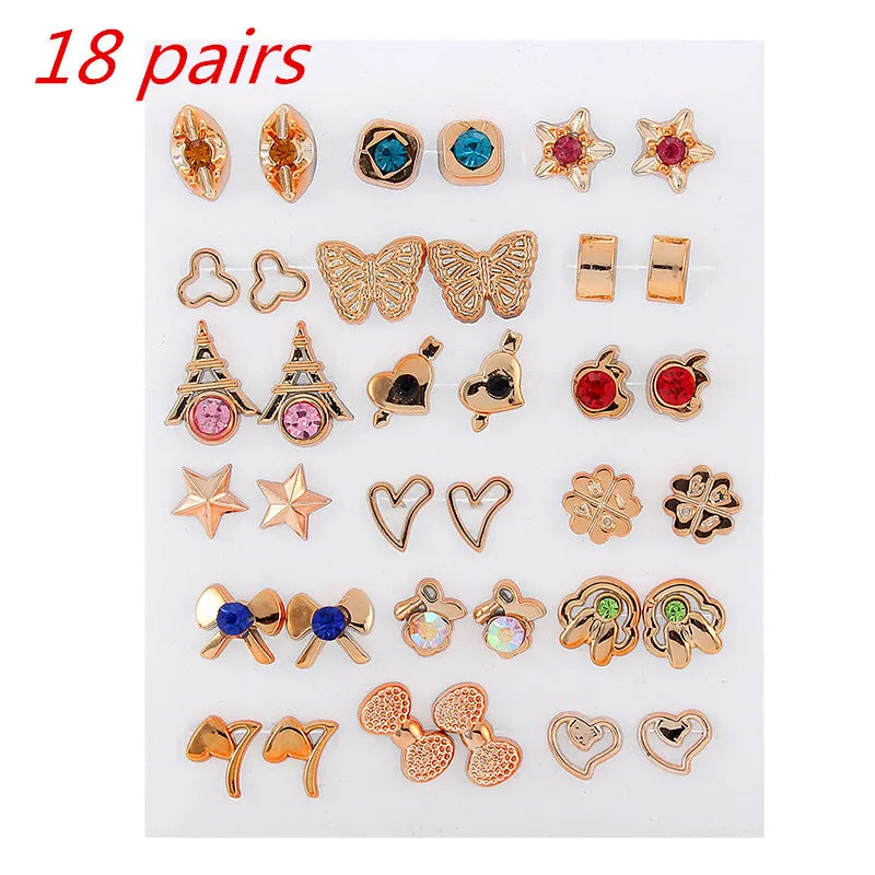 36Pairs/18pairs Earrings Mixed Styles Rhinestone Sun Flower Geometric Animal Plastic Stud Earrings Set for Women Girls Jewelry