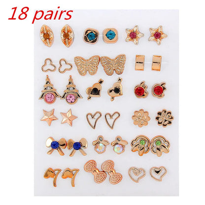 36Pairs/18pairs Earrings Mixed Styles Rhinestone Sun Flower Geometric Animal Plastic Stud Earrings Set for Women Girls Jewelry