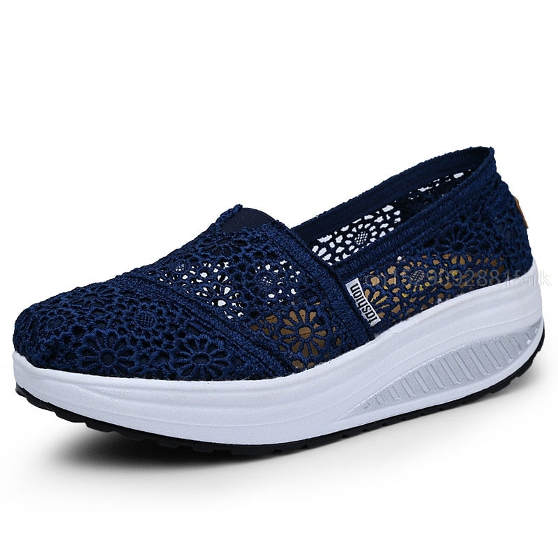 Women Toning Shoes Lace Breathable Swing Shoes Platforms Slip on Casual Shoes Female Slimming Wedge Sneakers